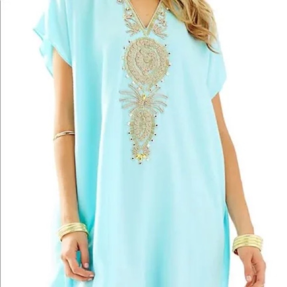 Lilly Pulitzer Pool Blue Chai V-Neck Caftan Embellished V-Neck Beach Cover-Up